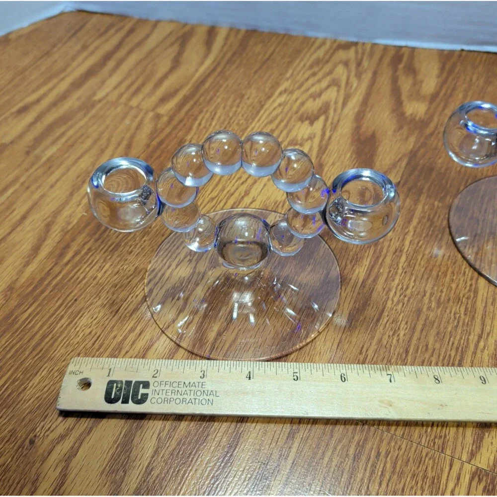 (2) Vintage Clear Glass Bubble Hoop Candlestick Holder/ Pipe Stand Pair